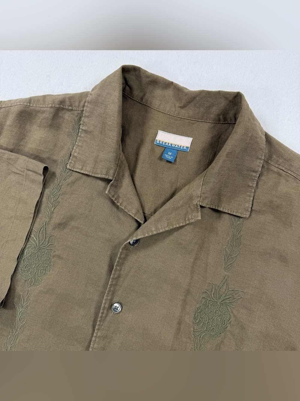 Breakwater Linen Shirt Mens M Olive Green Embroidered Camp Vacation Button Up